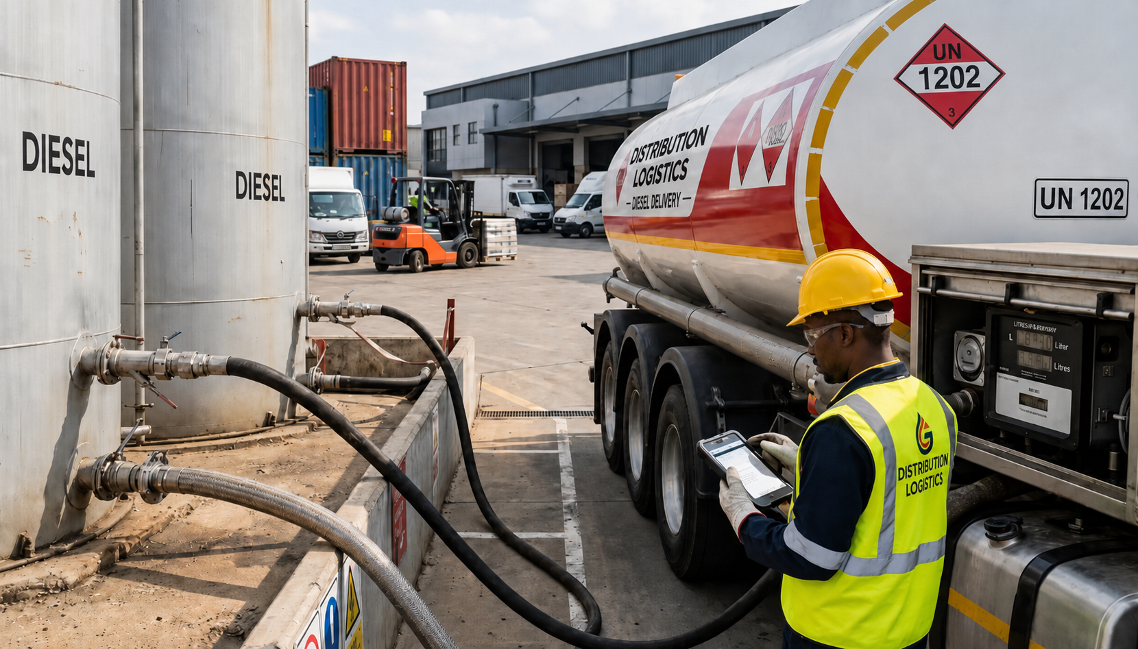 Industrial fuel tankers parked at a heavy-duty operating facility